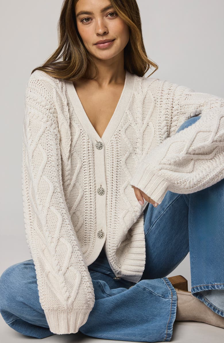 Splendid Harlow Hearts Rhinestone Cable Stitch Cardigan, Alternate, color, Pale Oak White Heather