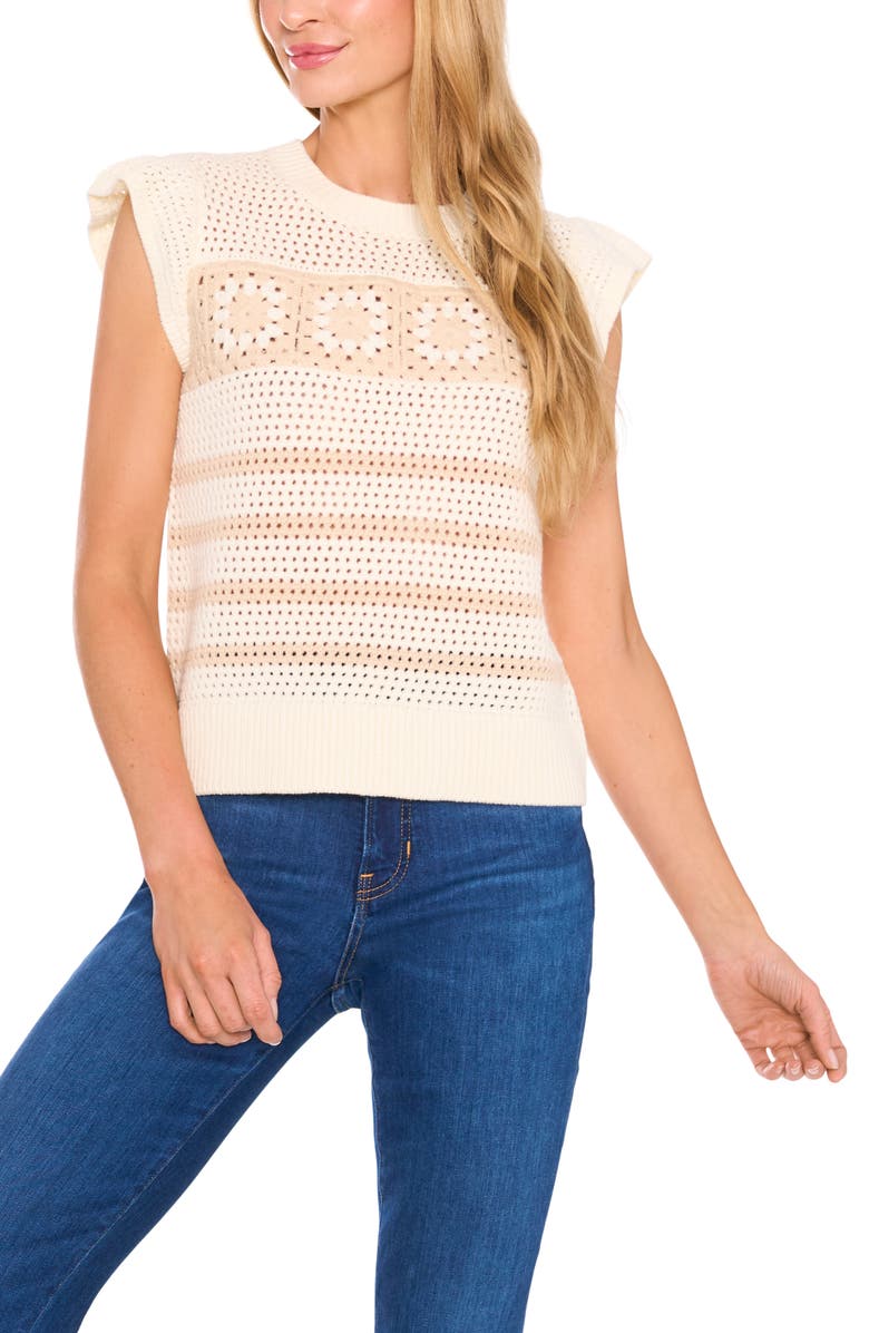 CeCe Flower Cap Sleeve Open Knit Sweater, Main, color, Birch