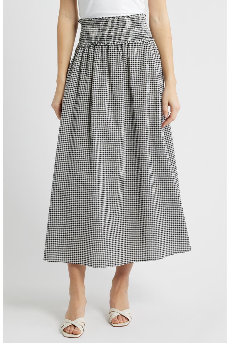 The Delphine Gingham Midi Skirt, Main, color, BLACK/ SAND GINGHAM