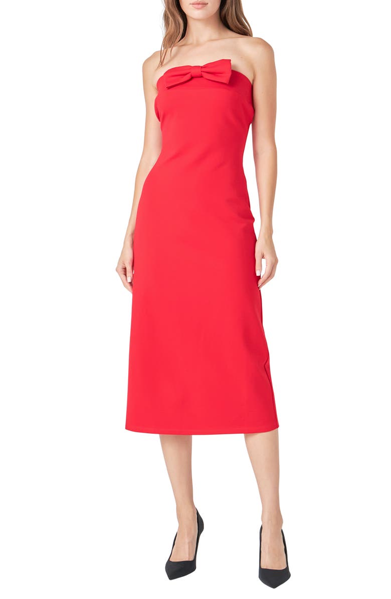 Endless Rose Strapless Bow Midi Dress, Main, color, Red