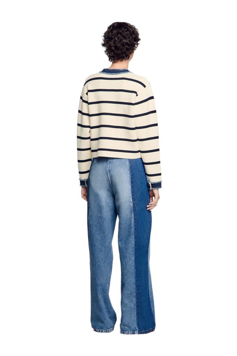 Stripy cardigan with denim details, Alternate, color, Ecru