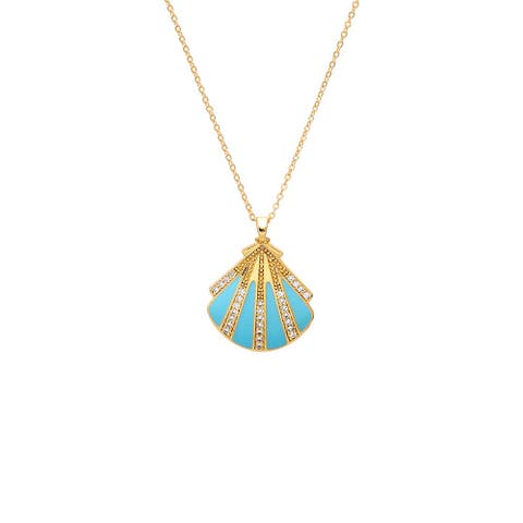 Turquoise Enamel & CZ Seashell Pendant Necklace