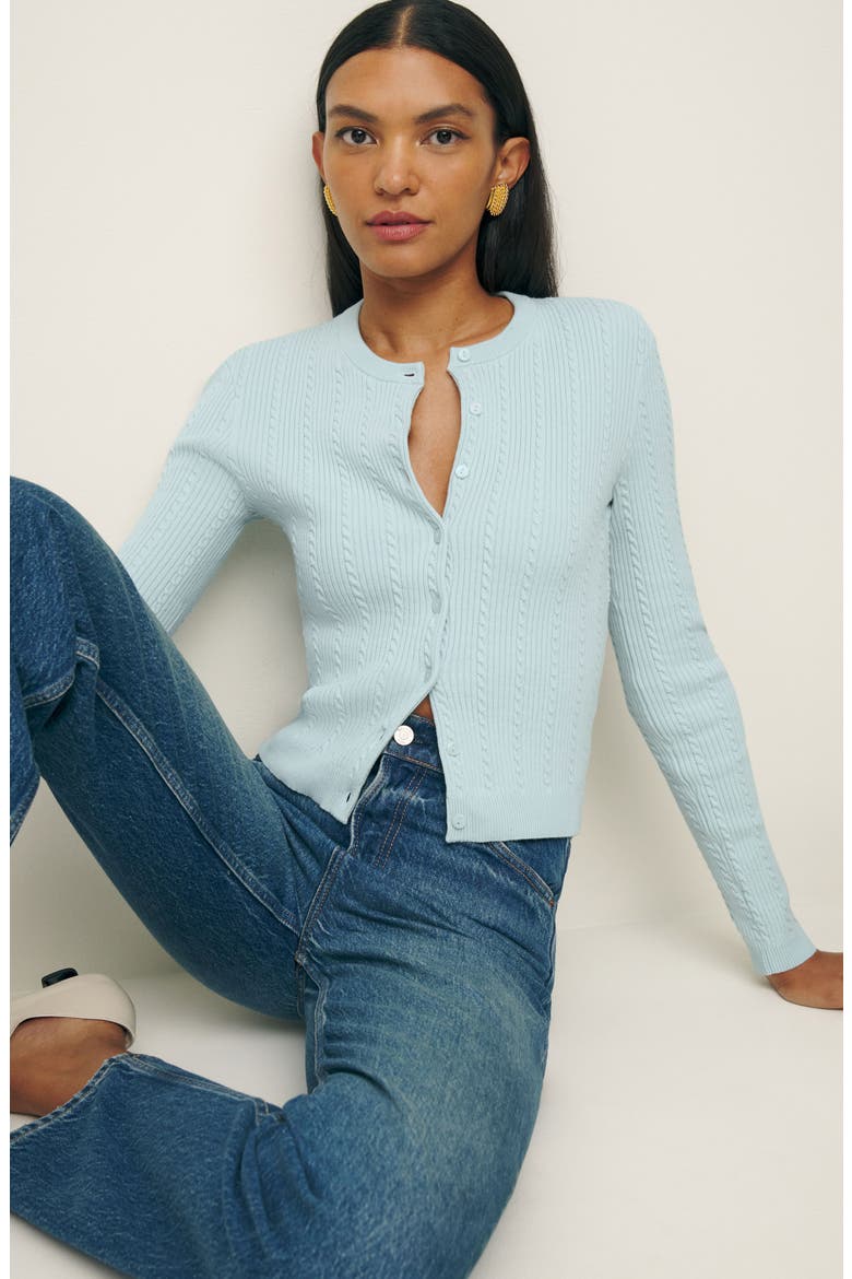 Natalie Cable Stitch Cardigan Sweater, Alternate, color, POWDER