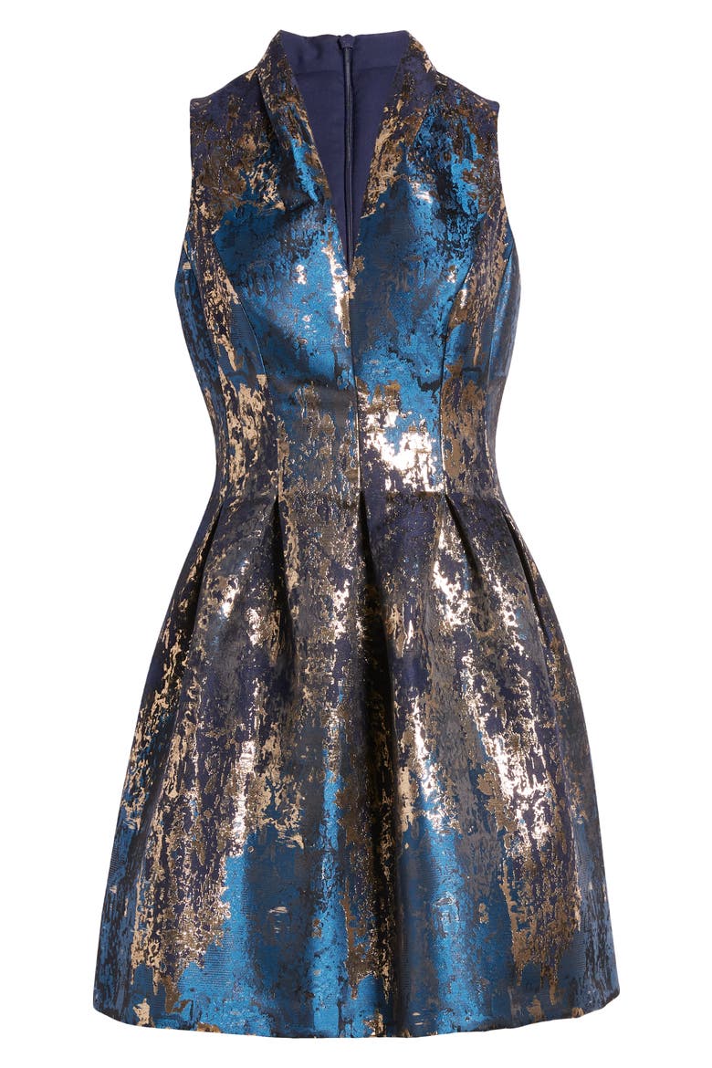 Jacquard Sleeveless Fit & Flare Cocktail Dress, Alternate, color, PEACOCK
