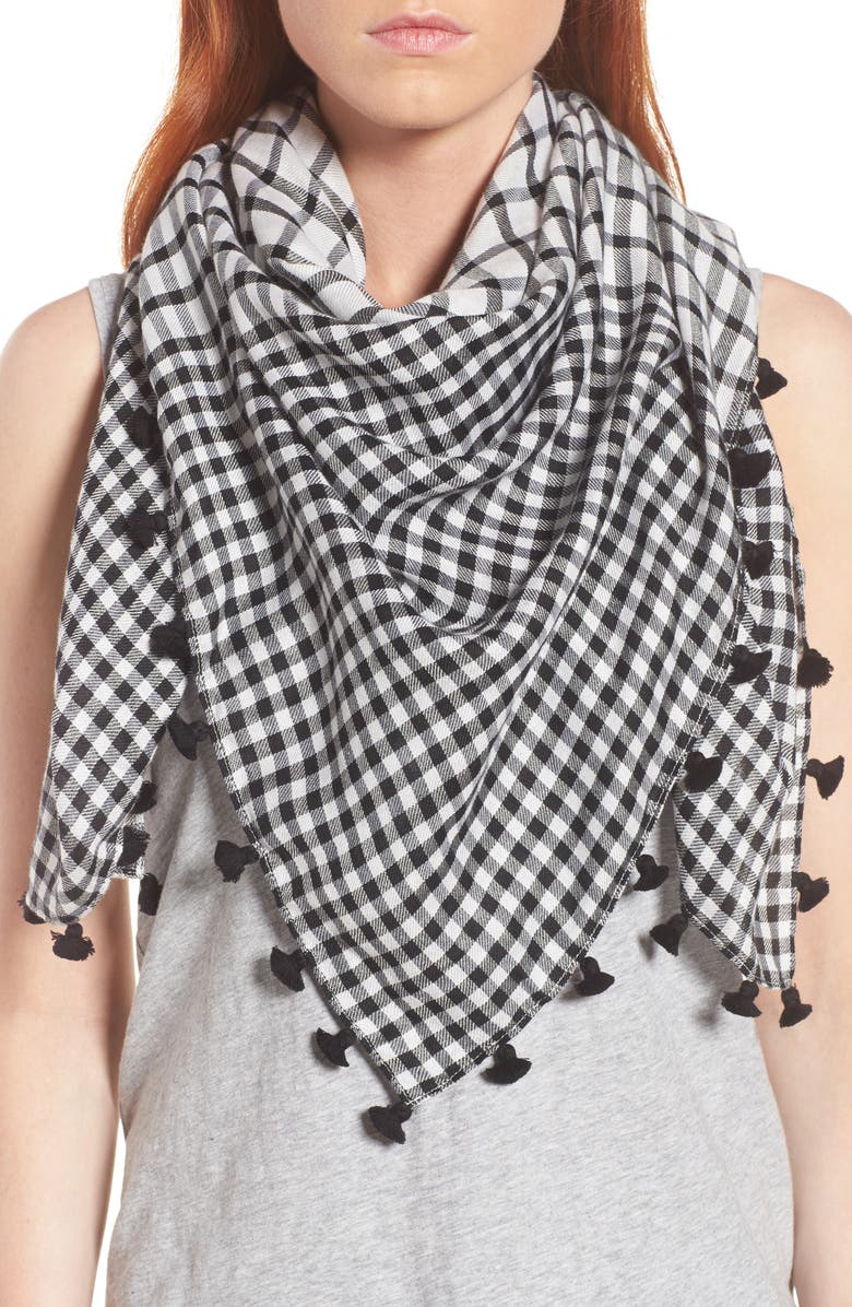 Eileen Fisher Eileen Fringe Mixed Check Square Scarf, Main, color, 