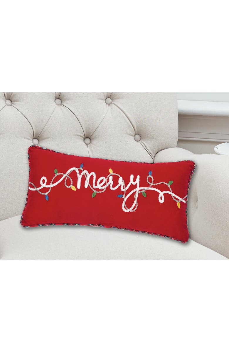 C&F Home "Merry" Cursive Christmas String Lights Embroidered Mini Accent Pillow 9" x 20", Alternate, color, Red