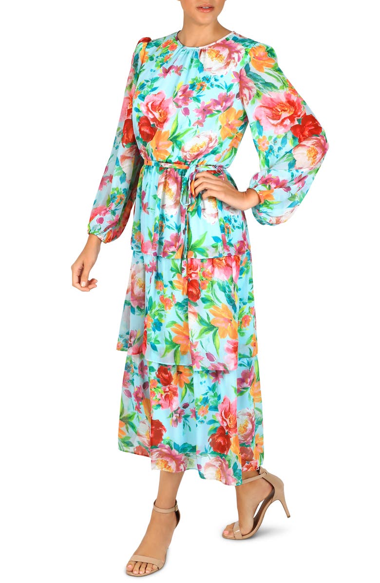 Julia Jordan Tie Waist Tiered Long Sleeve Midi Dress, Alternate, color, 