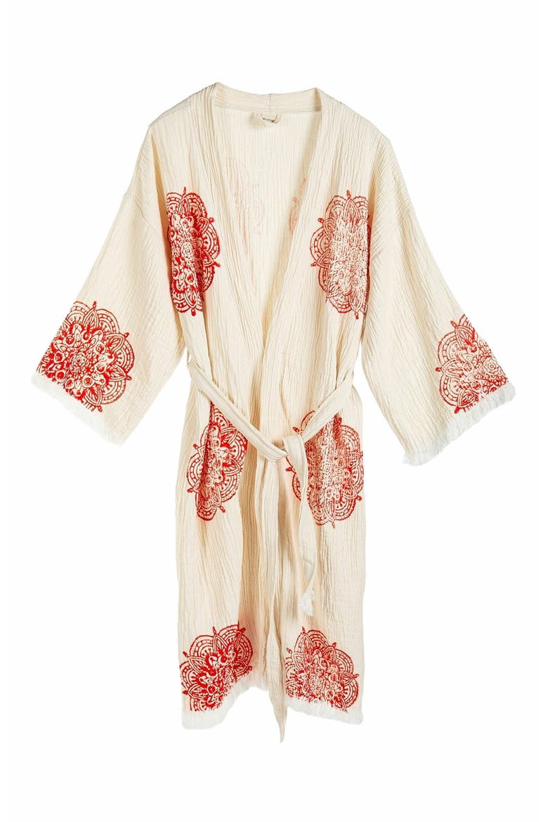 Aurelia - Red Mandala Handmade Cotton Robe Cover-Up, Main, color, Off-White