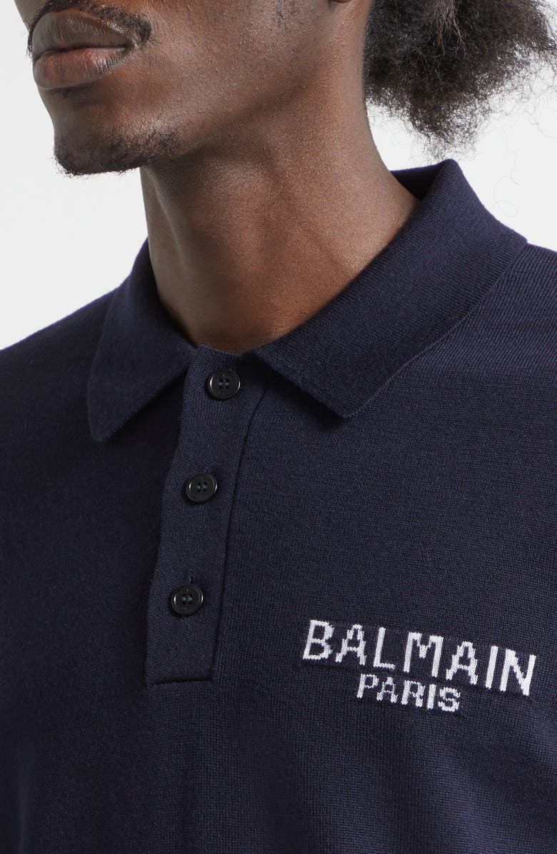 Balmain Paris Intarsia Merino Wool Polo, Alternate, color, Navy/ Natural