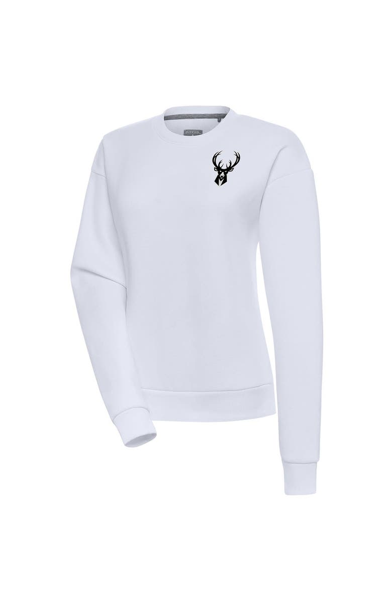 ANTIGUA Women's Antigua  White Milwaukee Bucks Brushed Metallic Victory Pullover Sweatshirt, Main, color, 