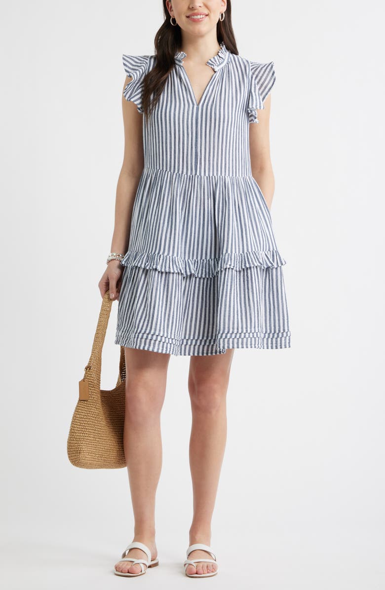 Caslon<sup>®</sup> Ruffle Duo Cotton Gauze Dress, Alternate, color, Navy- White Brianne Stripe
