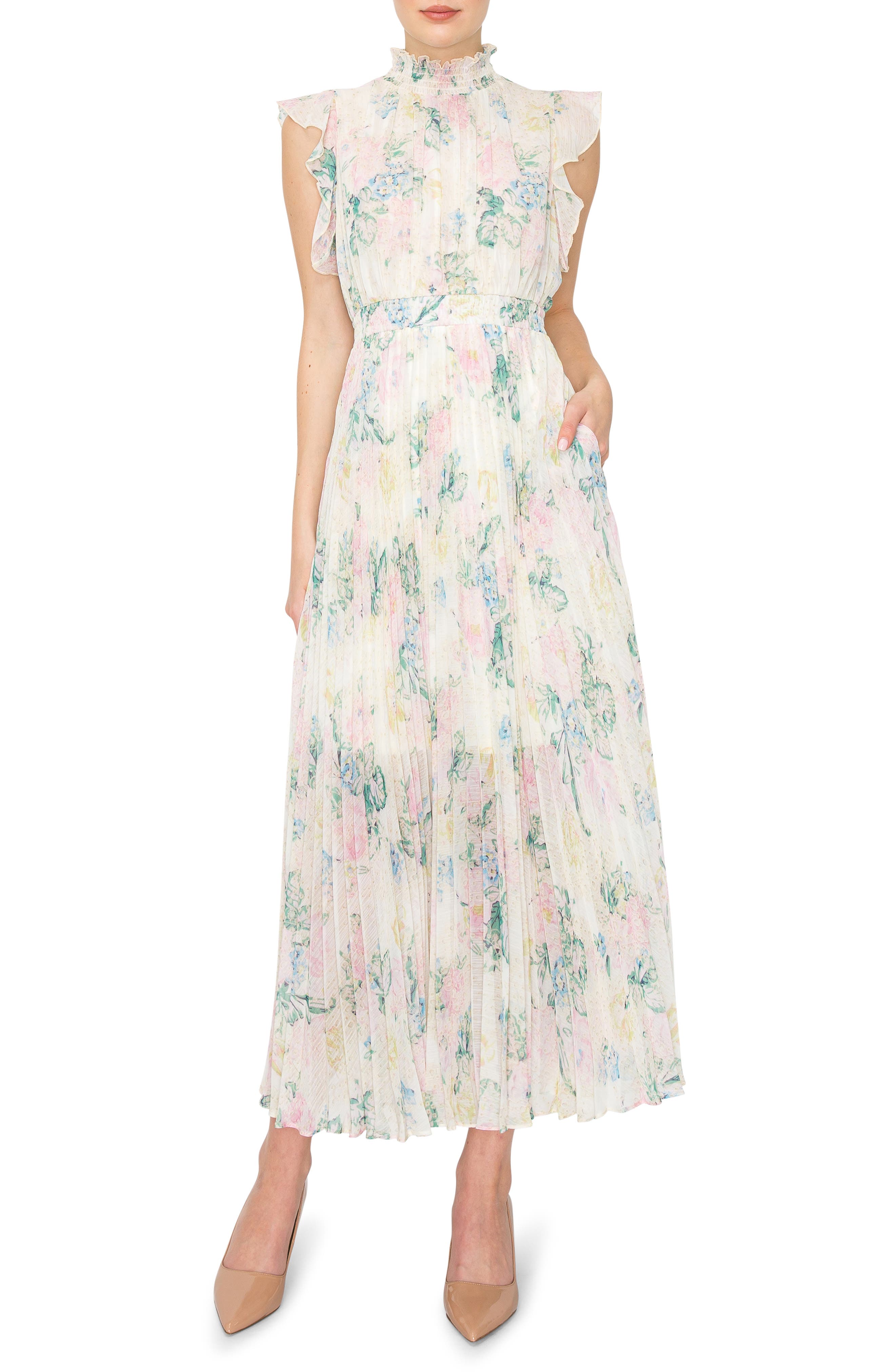 MELLODAY Patterned Flutter Sleeve Maxi Dress (Women) | Nordstromrack