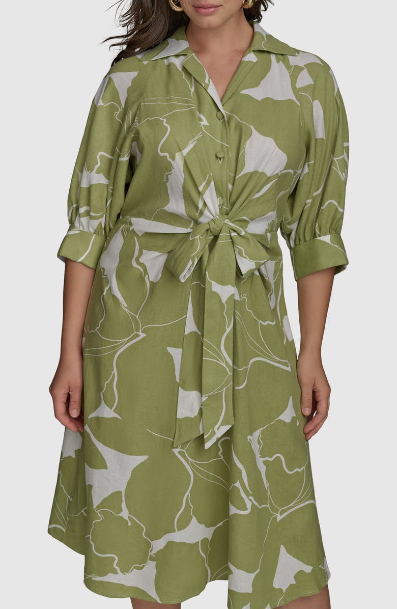 DONNA KARAN Print Tie Waist Midi Shirtdress, Alternate, color, Kiwi/ Cream