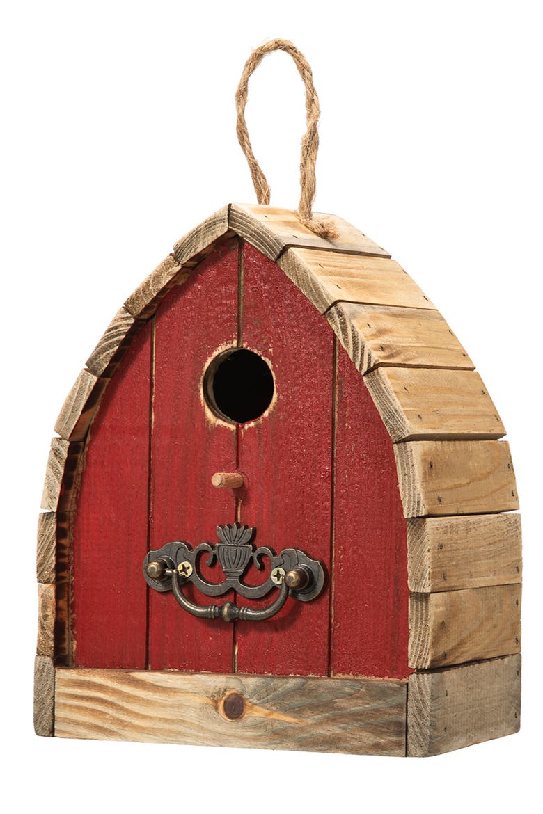 8.5"H Washed Red Distressed Solid Wood Birdhouse, Main, color, Red