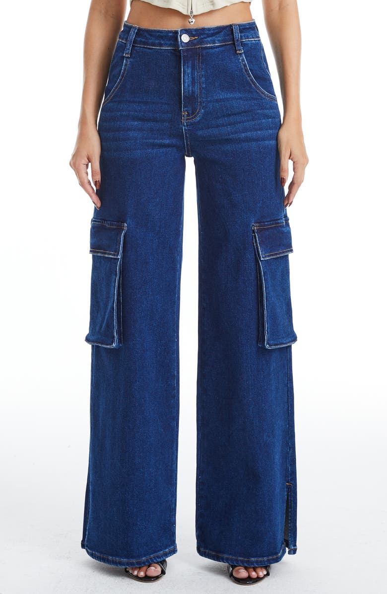 Bayeas High Waist Flare Leg Cargo Jeans, Main, color, Dark Sky