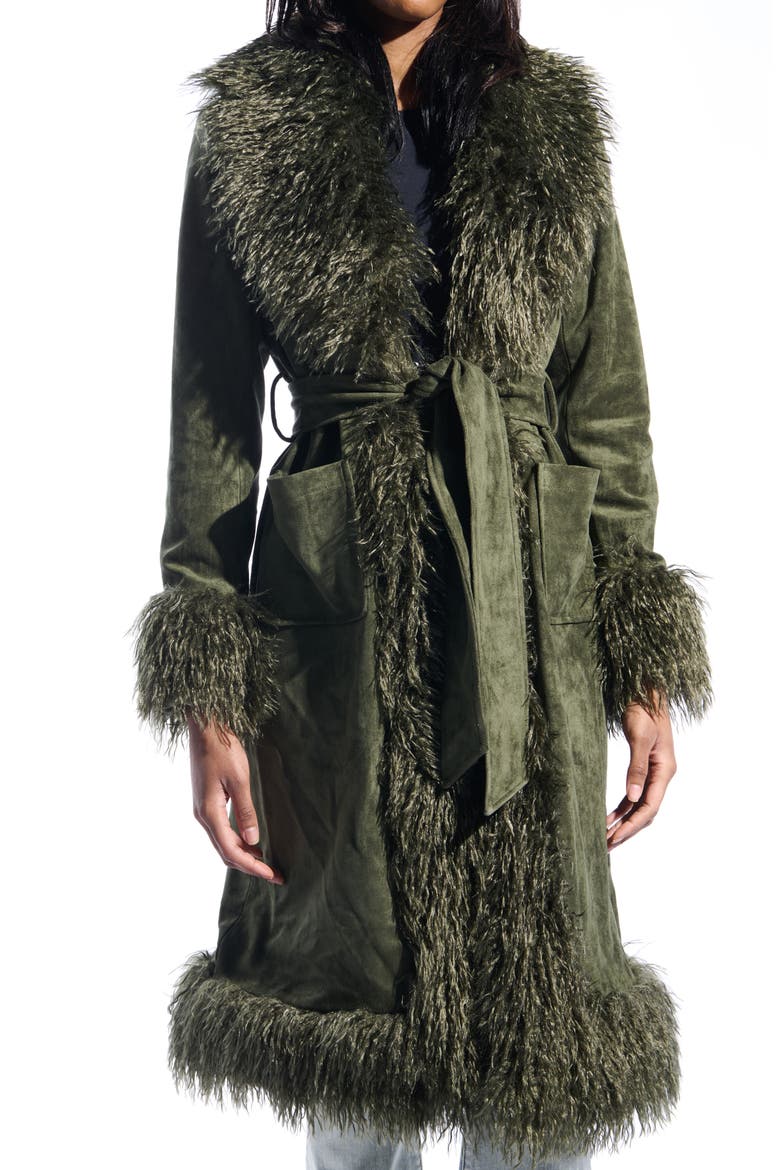 Belted Faux Suede Coat with Faux Fur Trim, Alternate, color, OLIVE