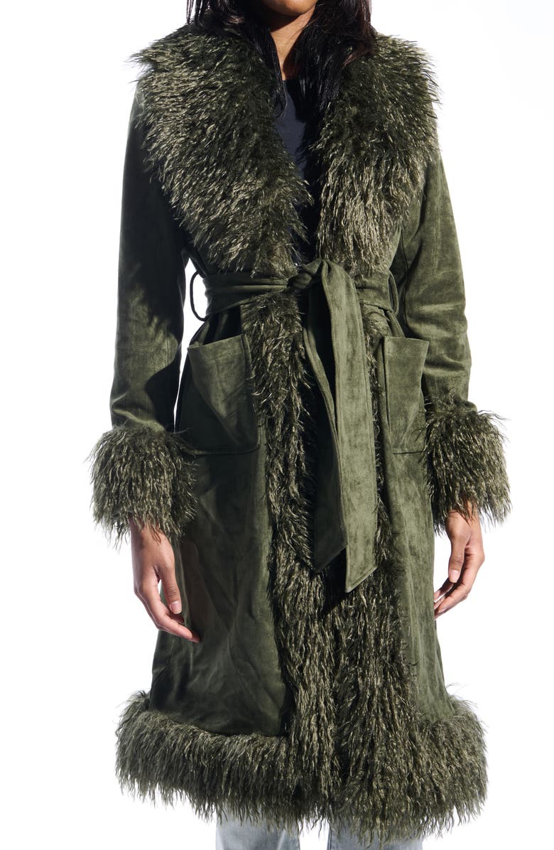 AZALEA WANG Belted Faux Suede Coat with Faux Fur Trim, Alternate, color, 