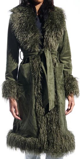 Belted Faux Suede Coat with Faux Fur Trim