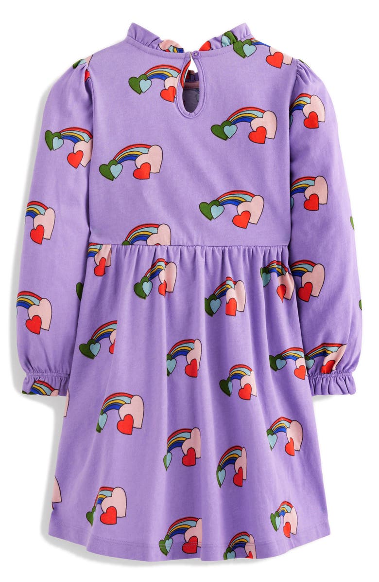 Mini Boden Kids' Rainbow Heart Print Long Sleeve Cotton Jersey Dress, Alternate, color, Purple Love Rainbow
