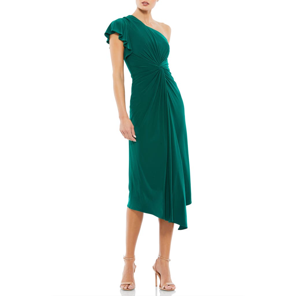 Shop Mac Duggal One Shoulder Midi Length Jersey Dress In Emerald