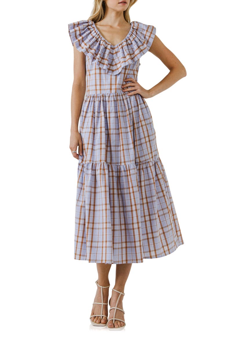 Plaid Ruffle Cotton Dress, Main, color, PURPLE