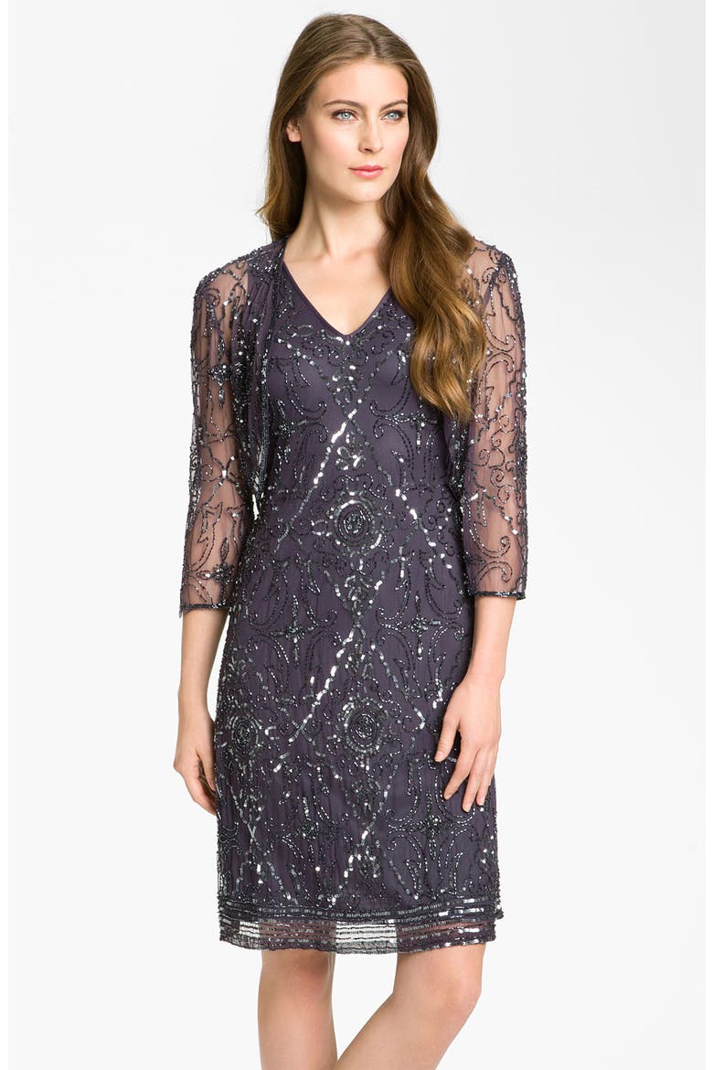 Beaded Mesh Dress & Bolero, Main, color, SLATE