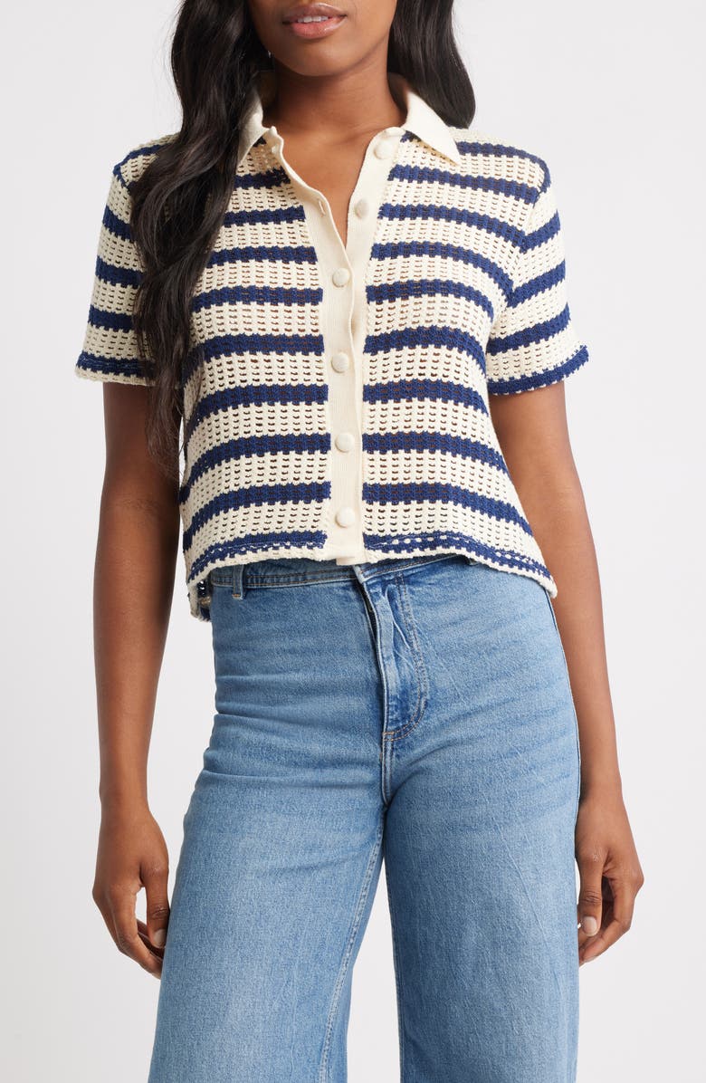 MANGO Miffy Stripe Open Stitch Polo Sweater, Main, color, Navy/ Ivory