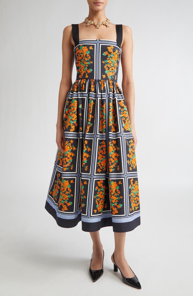 Carolina Herrera Thick Strap Faille Midi Dress, Main, color, Black Multi