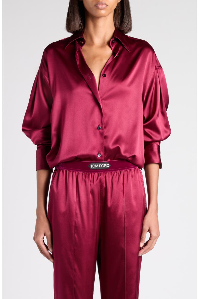Relaxed Fit Stretch Silk Satin Blouse, Main, color, GV481 DEEP PLUM