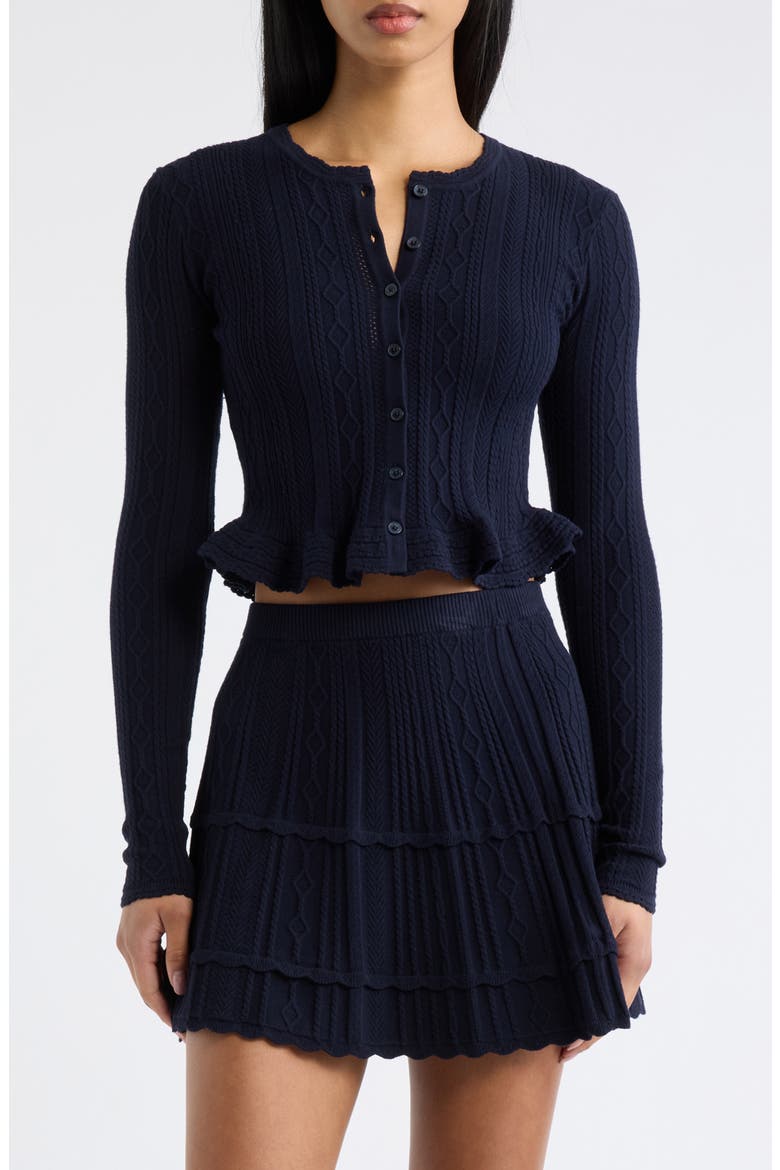 Orly Ruffle Hem Pointelle Cardigan, Main, color, MIDNIGHT KISS