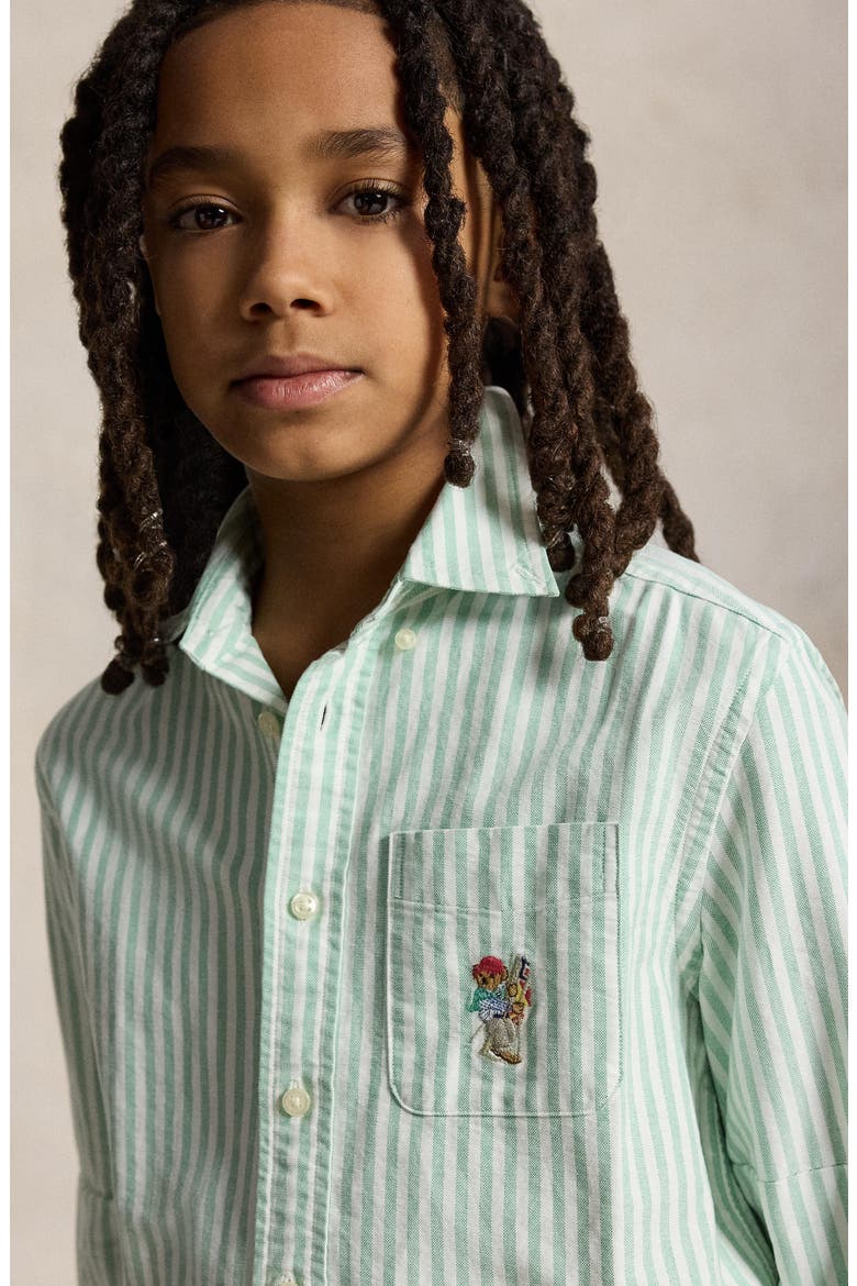 Kids' Stripe Embroidered Cotton Oxford Button-Down Shirt, Alternate, color, MULTI