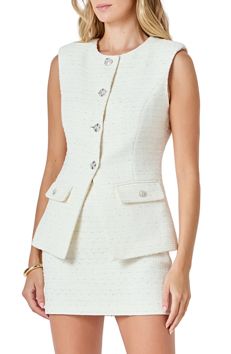 Endless Rose Jewel Button Tweed Vest, Alternate, color, Cream