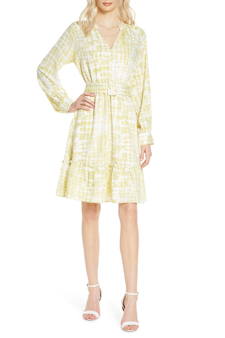 Long Sleeve Button Front Dress, Main, color, YELLOW- GREEN ABSTRACT