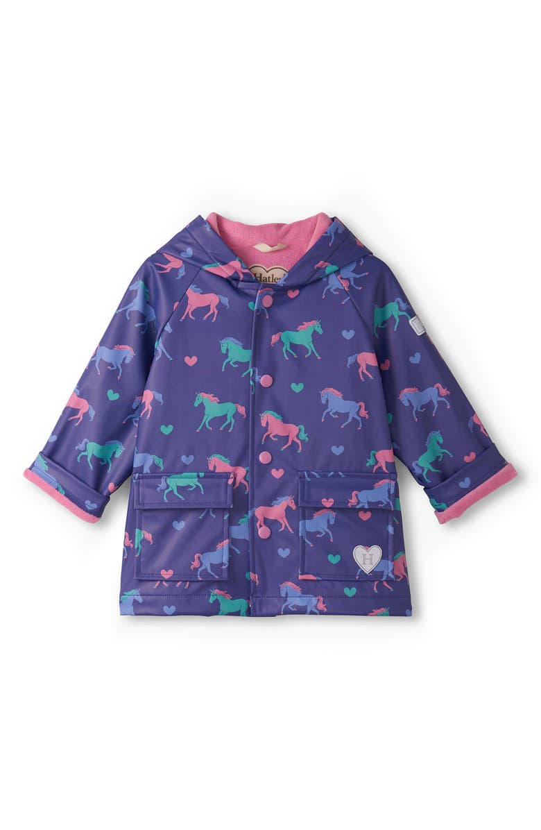 Hatley Horses & Hearts Waterproof Raincoat, Main, color, Blue