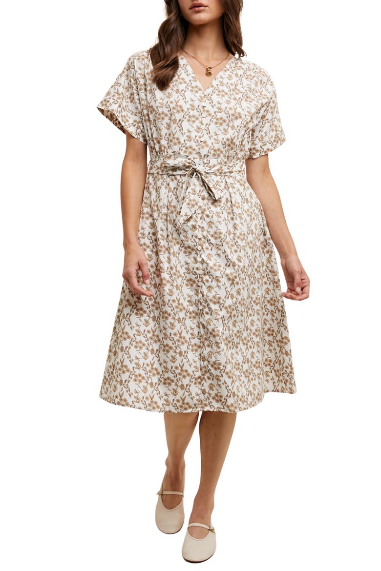 Floral Cotton Midi Dress, Main, color, CREAM/ TAUPE