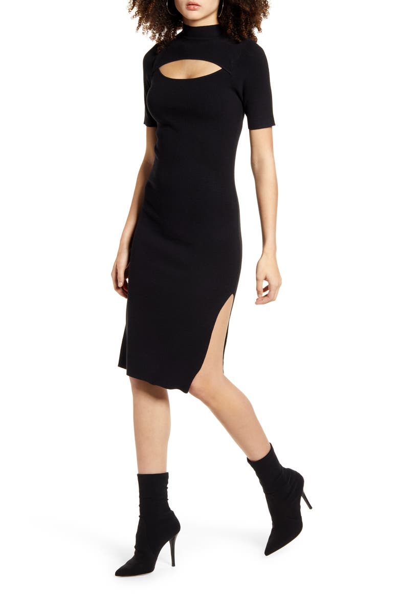 Cutout Front Mock Neck Sweater Dress, Main, color, BLACK