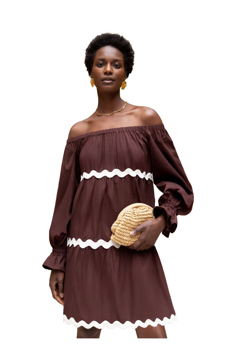 Ro&Zo Bardot Contrast Trim Dress, Main, color, Brown