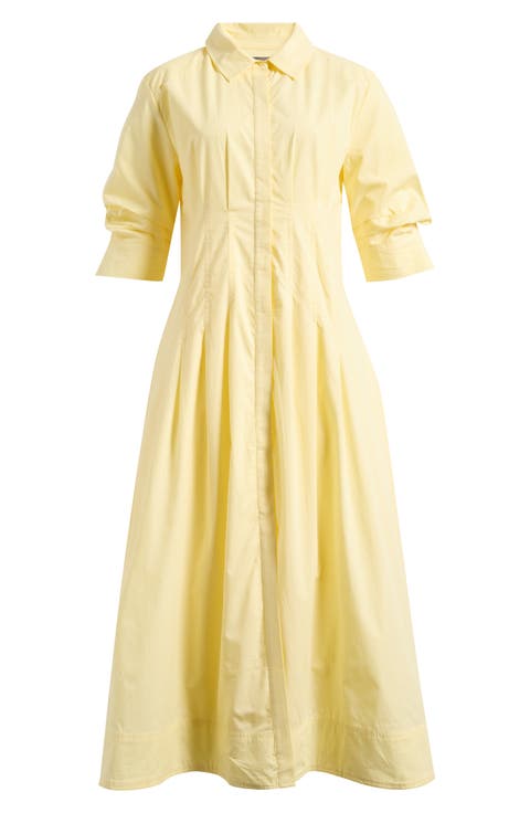 Pleated Cotton Button-Up Maxi Shirtdress