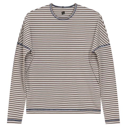 Striped Contrast Stitch Drop Shoulder Long Sleeve Top