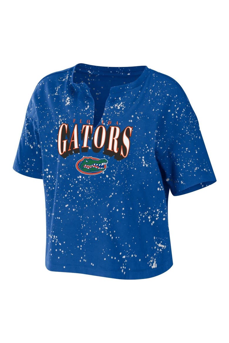 Women's WEAR by Erin Andrews Royal Florida Gators Bleach Wash Splatter Cropped Notch Neck T-Shirt, Alternate, color, Royal