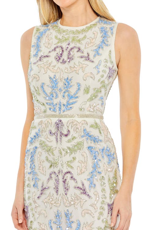 Mac Duggal Sleeveless Sequined High Neck Tea Length Dress In Ivory Multi