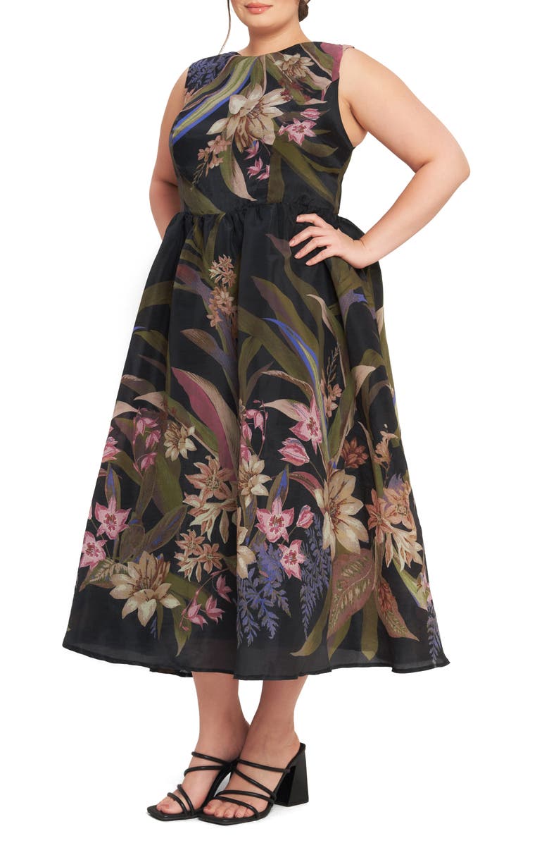 FLYING TOMATO Floral Sleeveless Fit & Flare Midi Dress, Alternate, color, Black