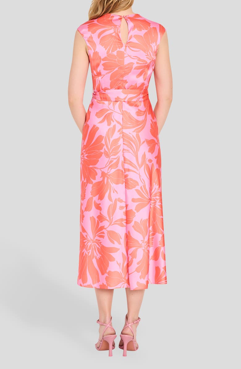 Tahari ASL Floral Cross Neck Sleeveless Midi Dress, Alternate, color, Guava Flamingo