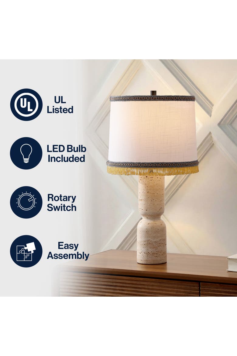 Lacy Organic Modern Sculptural Hourglass Travertine Stone with Fringed Drum Shade LED Table Lamp, Alternate, color, Natural Beige Marble