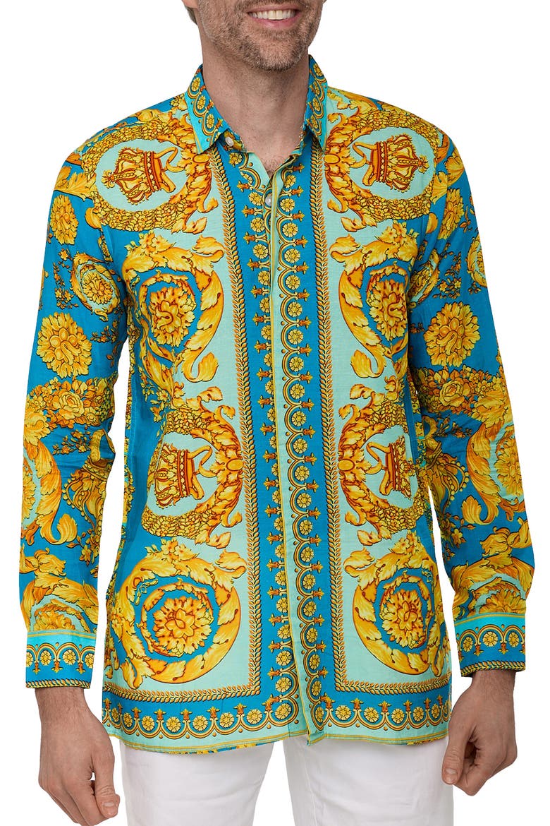 Extra Trim Fit Print Linen & Cotton Button-Up Resort Shirt, Main, color, GREEN