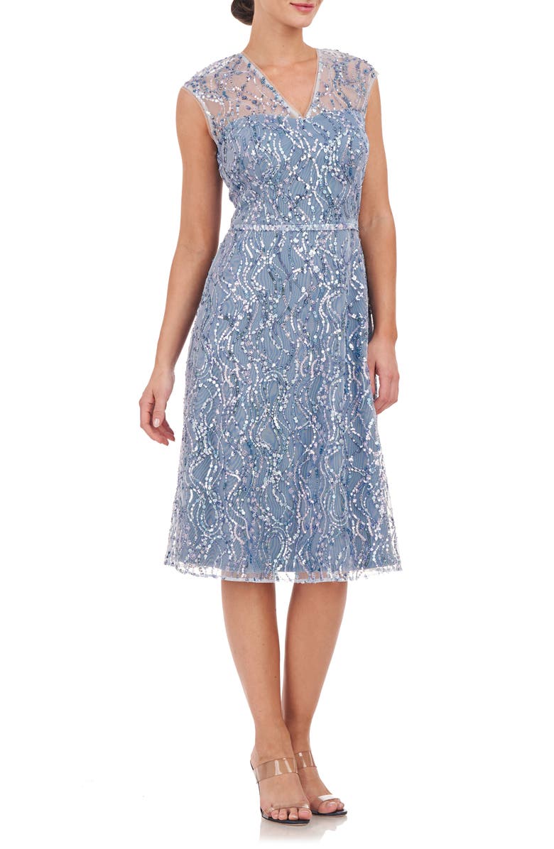 JS Collections Jay Sequin Illusion Neck Cocktail Dress, Alternate, color, Baby Blue