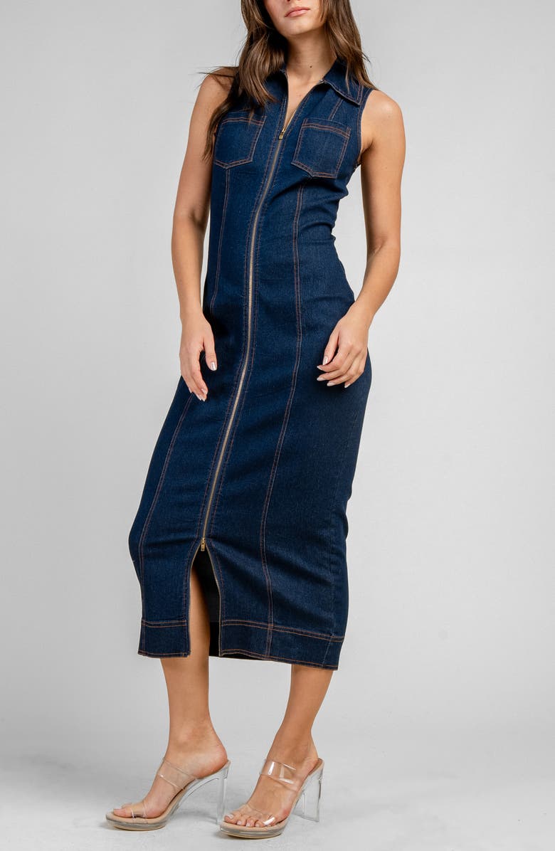 Beivy Denim Zip Front Midi Dress, Alternate, color, Dark Denim