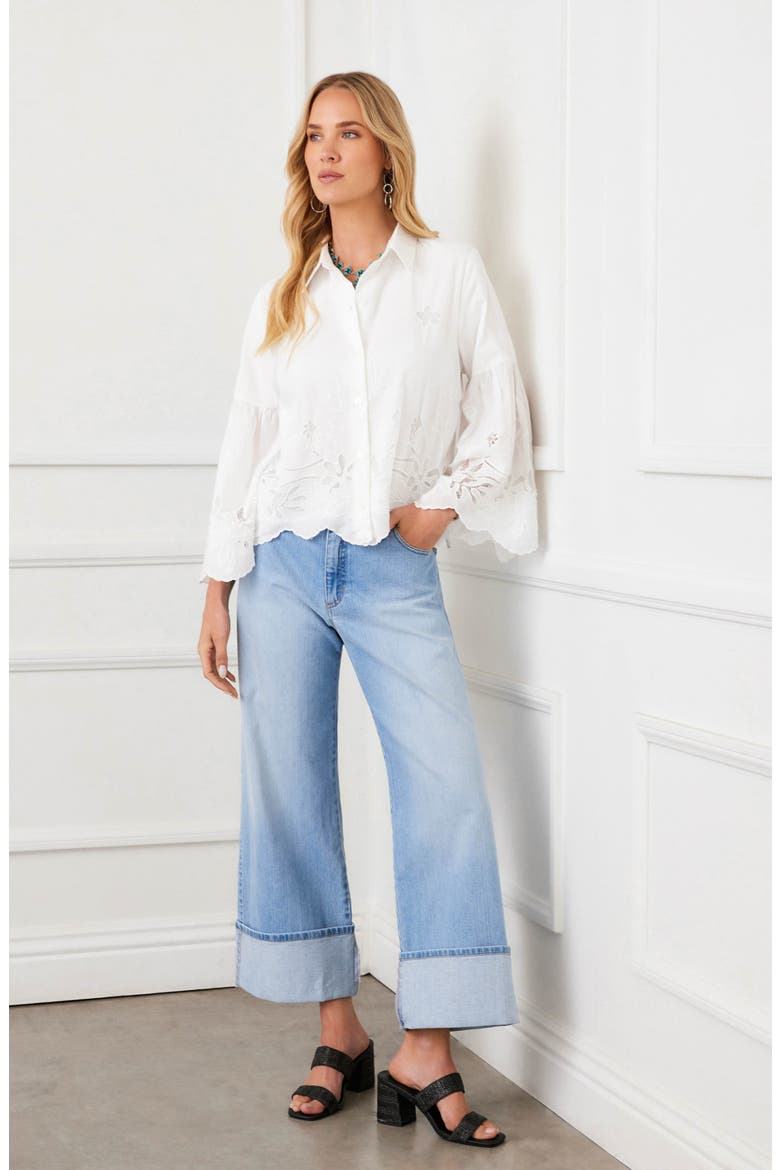 Embroidered Bell Sleeve Cotton Button-Up Shirt, Alternate, color, OFF WHITE
