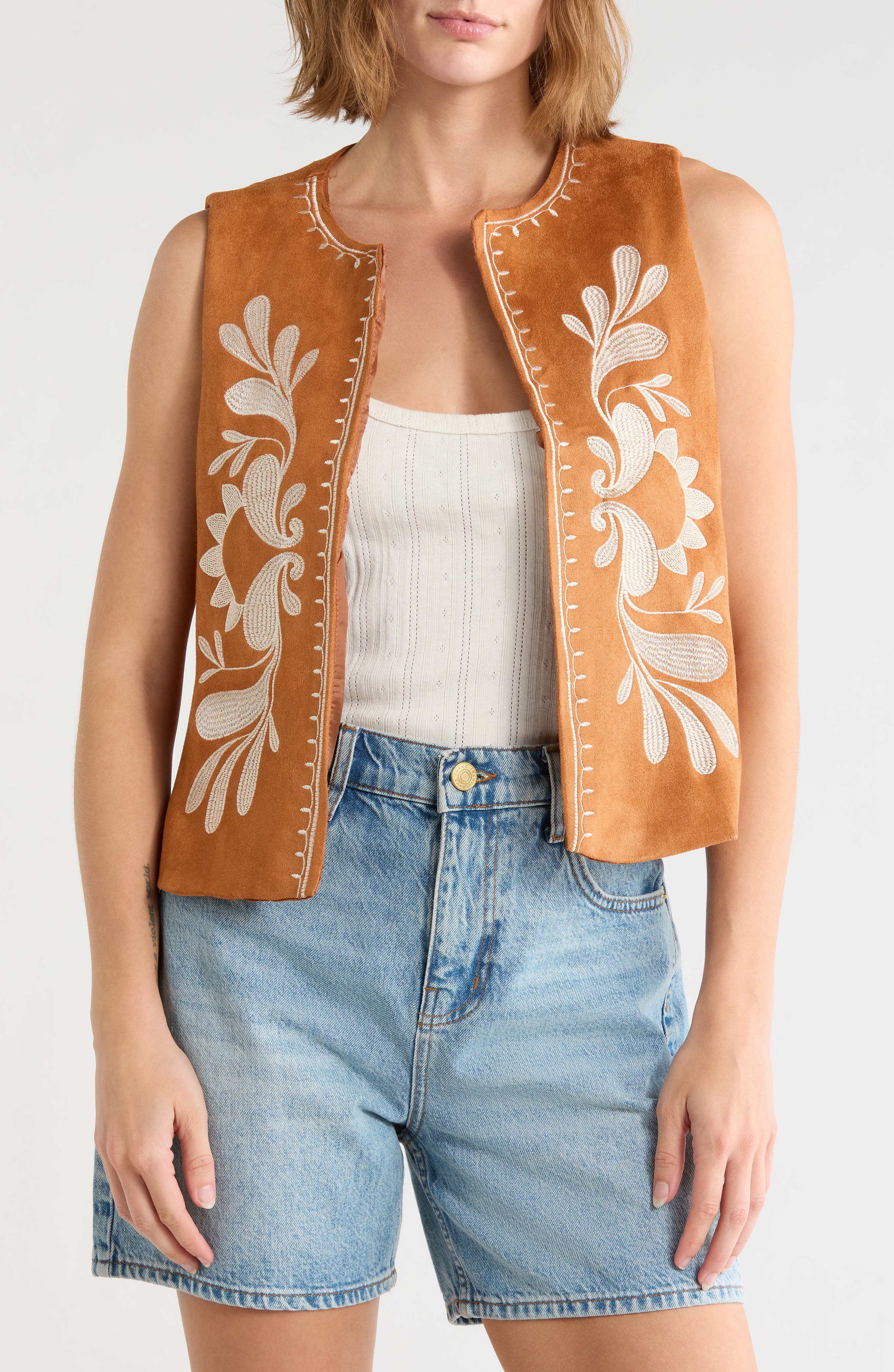 Embroidered Faux Suede Vest