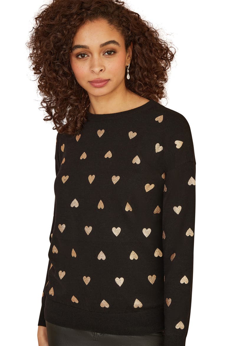 Foil Heart Print Relaxed Fit Sweater, Alternate, color, Black